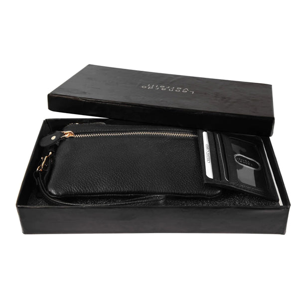 Coffret cadeau Leonardo Verrelli en cuir : 1 pochette de sac à main + 1 porte-cartes - Livraison offerte